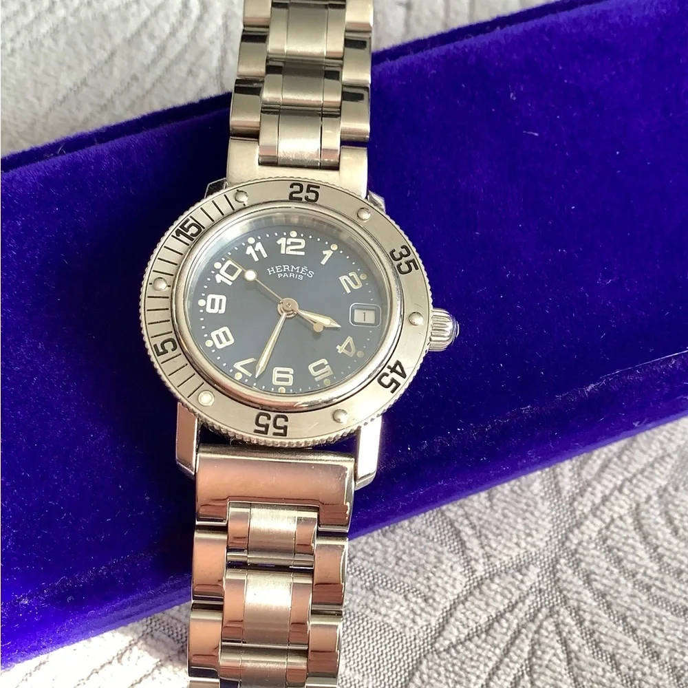 Hermes Silver Steel Bracelet Watch with Blue Dial
